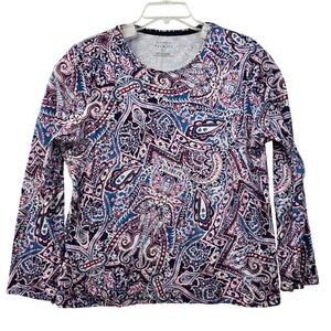 Talbots Tee Petite XL Paisley Floral Long Sleeve Cotton Spandex Top Blue Pink